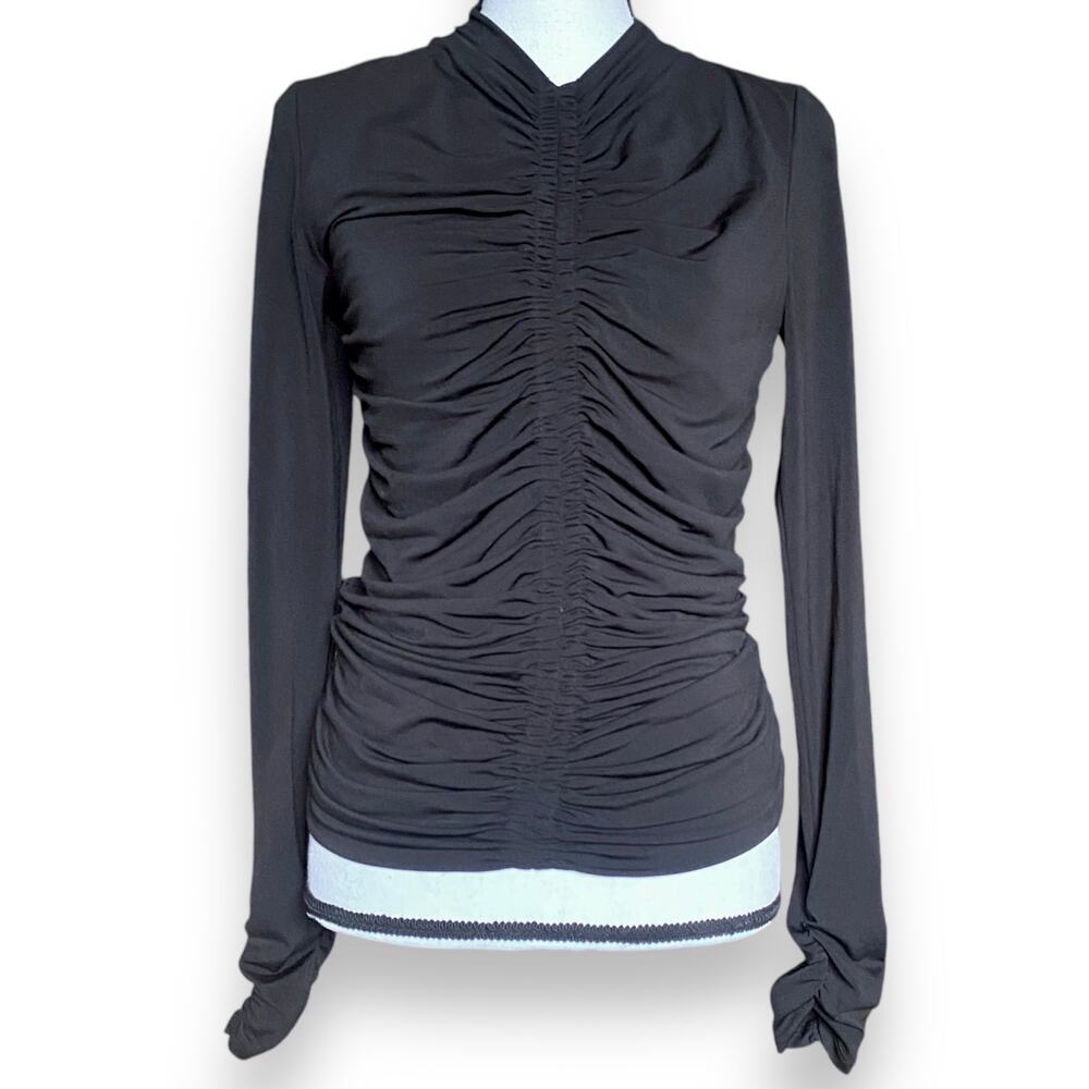 Rachel Parcell Ruched Soft Stretch Top Fits XS/S Black Long Sleeve High V Neck